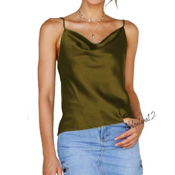 ✨NEW Army Green Cowl Neck Satin Cami Silky Cami Tank Top Soft - Picture 1 of 8